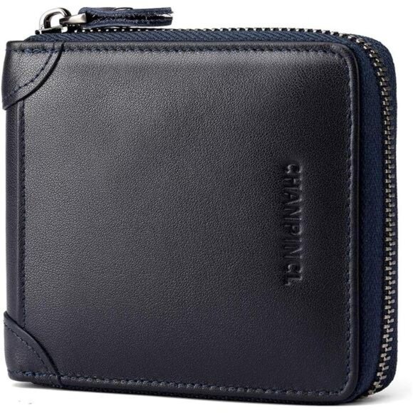 Mens Genuine Leather Zipper Wallet Dark Navy Blue - Picture 1 of 5